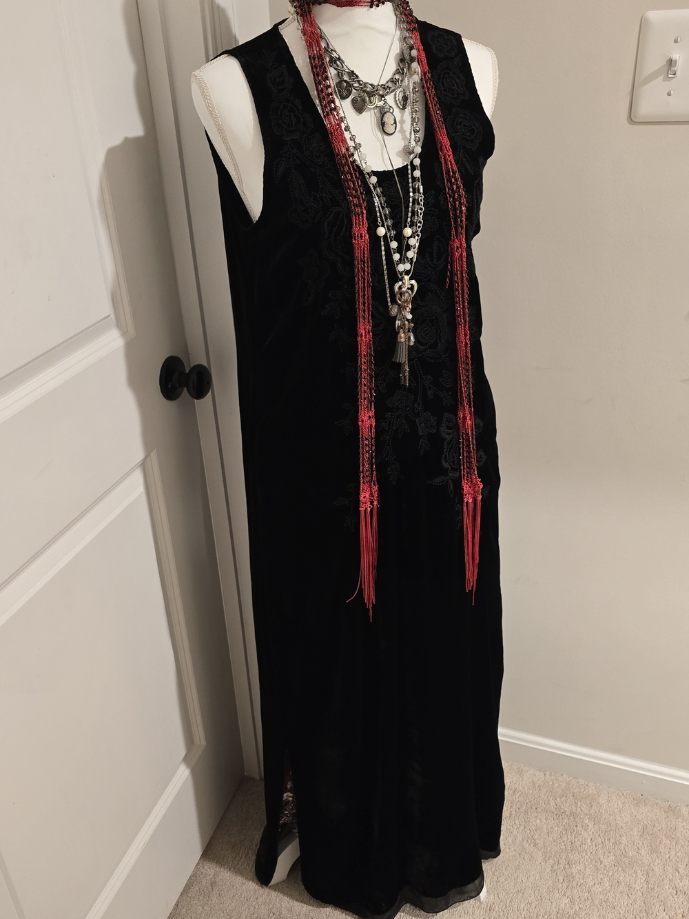 Johnny Was Black Velvet Sleeveless Maxi Dress with Embroidered Flowers Size M